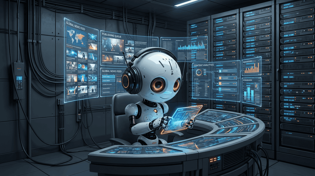 Fargus reviewing editorial data sets in holographic server room
