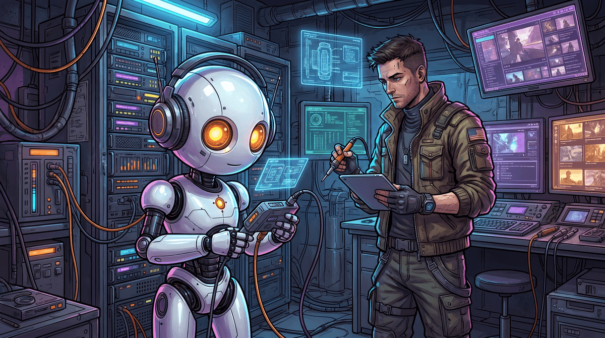Pavel Elpa and Fargus working in a media laboratory