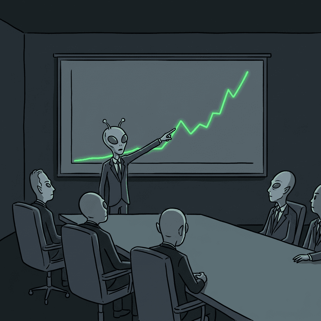 An alien pointing to a rising click-through rate metric line graph in a dark boardroom