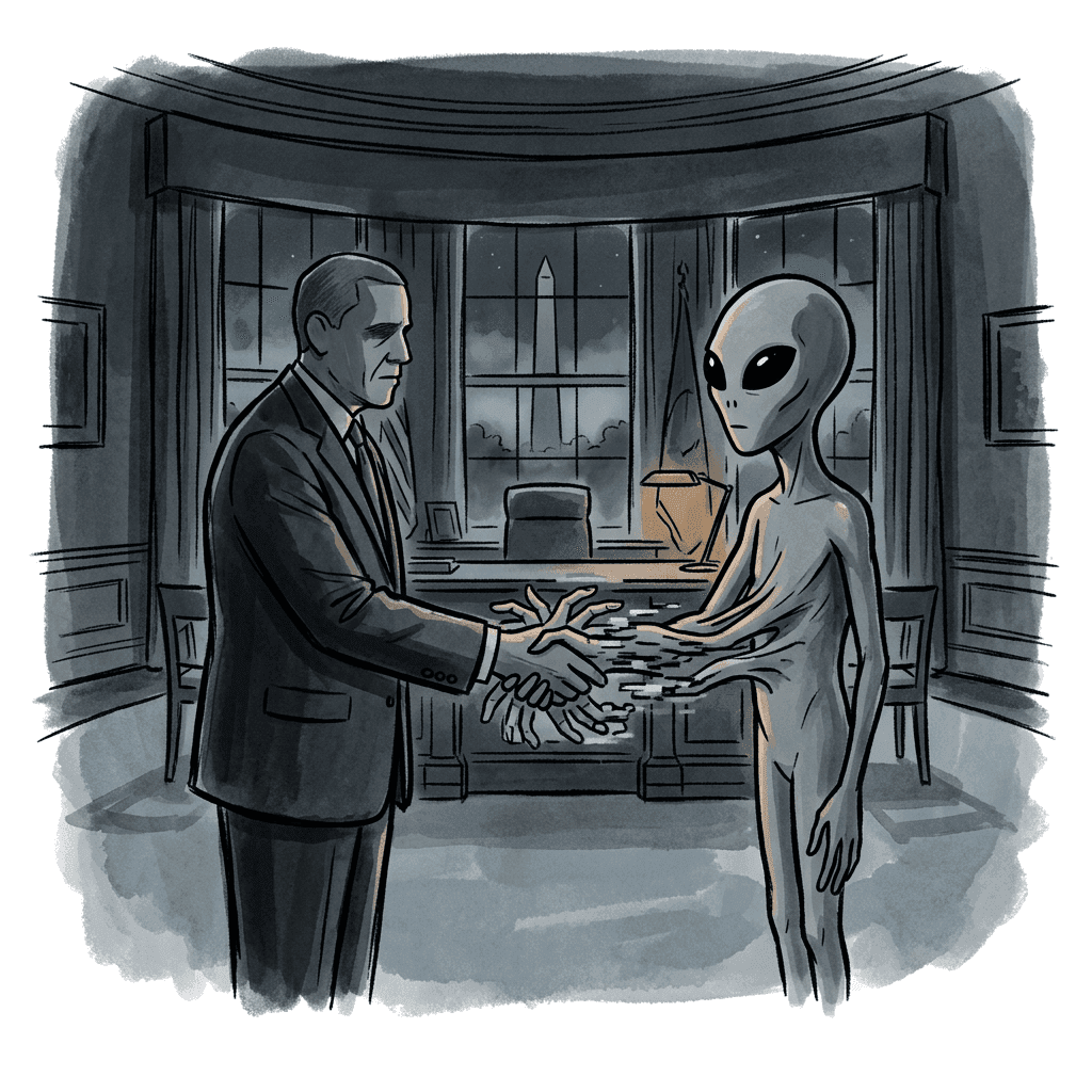 A cartoon president shaking hands with an alien in the Oval Office with extra fingers and texture blending glitches