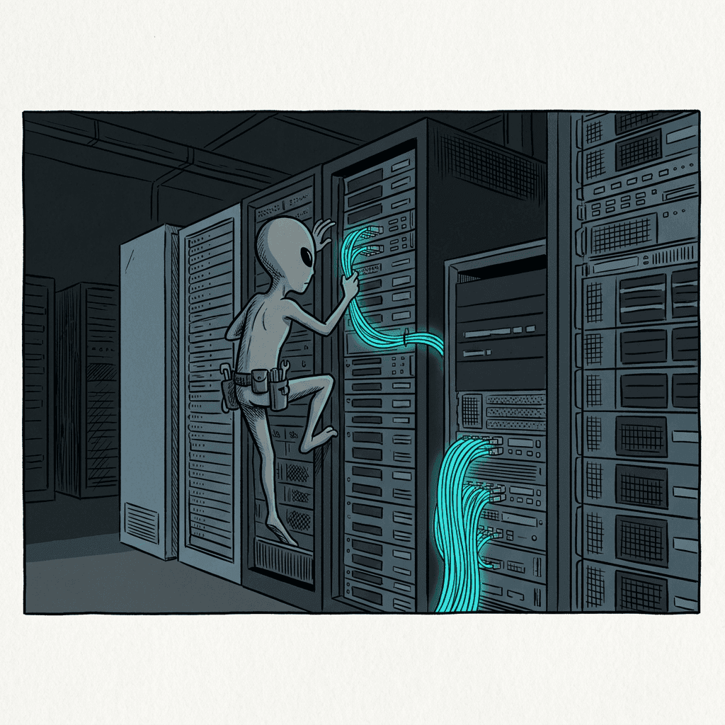A grey alien tech support engineer climbing server racks in a dark computer server room
