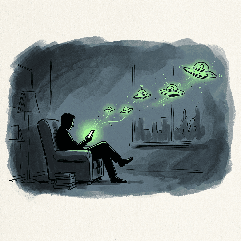 A silhouette of a user in an armchair looking at their phone screen as tiny green flying saucers float out